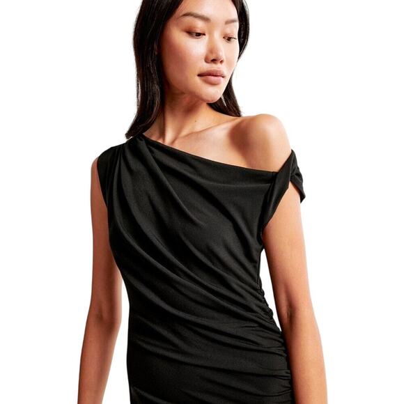 ABERCROMBIE & FITCH Asymmetrical Draped Maxi Dress Black Stretch Crepe Sz XLT - Picture 1 of 13